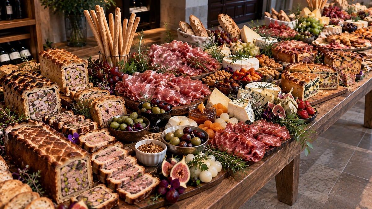 Charcuterie display with cured meats, cheeses, bread, olives, figs, and fresh herbs arranged on wooden table